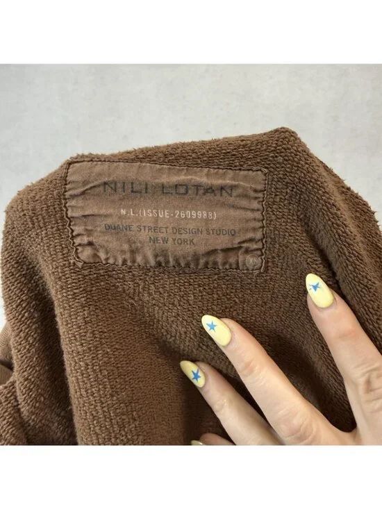 Nili Lotan Hoodie Womens XS Brown Terry V Neck Pullover Kangaroo Pocket Raw Hem